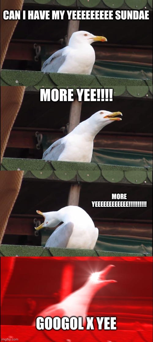 yeeeeeeeeeeeeeeeeeeeeeeeeeeeeeeeeeeeeeeeeeeeeeeeeeeeeeeeeeeeeeeeeeeee | CAN I HAVE MY YEEEEEEEEE SUNDAE; MORE YEE!!!! MORE YEEEEEEEEEEEE!!!!!!!!!! GOOGOL X YEE | image tagged in memes,inhaling seagull | made w/ Imgflip meme maker