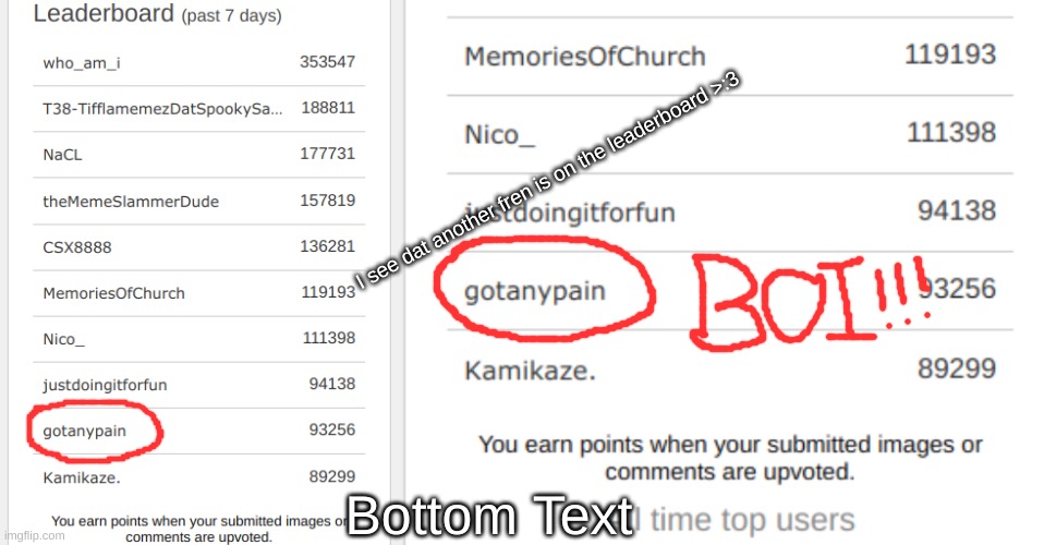 gg gotanypain :3 | I see dat another fren is on the leaderboard >:3; Bottom Text | image tagged in idk | made w/ Imgflip meme maker