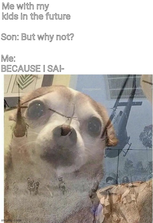 I HAVE BECOME WHAT I SWORE TO DESTROY | Me with my kids in the future; Son: But why not? Me: BECAUSE I SAI- | image tagged in ptsd chihuahua,memes,funny | made w/ Imgflip meme maker