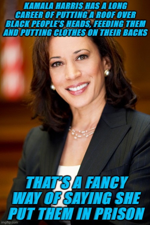 Kamala Harris | KAMALA HARRIS HAS A LONG CAREER OF PUTTING A ROOF OVER BLACK PEOPLE’S HEADS, FEEDING THEM AND PUTTING CLOTHES ON THEIR BACKS; THAT’S A FANCY WAY OF SAYING SHE PUT THEM IN PRISON | image tagged in kamala harris | made w/ Imgflip meme maker