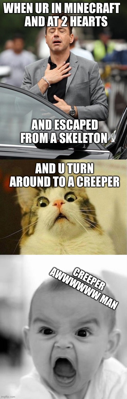 Minecraft | WHEN UR IN MINECRAFT 
    AND AT 2 HEARTS; AND ESCAPED FROM A SKELETON; AND U TURN AROUND TO A CREEPER; CREEPER AWWWWWW MAN | image tagged in memes,angry baby,scared cat,relief | made w/ Imgflip meme maker