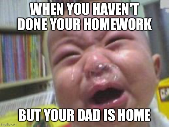 after online classes: | WHEN YOU HAVEN'T DONE YOUR HOMEWORK; BUT YOUR DAD IS HOME | image tagged in funny crying baby | made w/ Imgflip meme maker