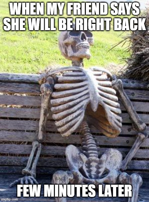 Waiting Skeleton | WHEN MY FRIEND SAYS SHE WILL BE RIGHT BACK; FEW MINUTES LATER | image tagged in memes,waiting skeleton | made w/ Imgflip meme maker