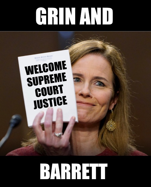 Eminently qualified! | GRIN AND; WELCOME
SUPREME 
COURT
JUSTICE; BARRETT | image tagged in amy coney barrett,supreme court | made w/ Imgflip meme maker