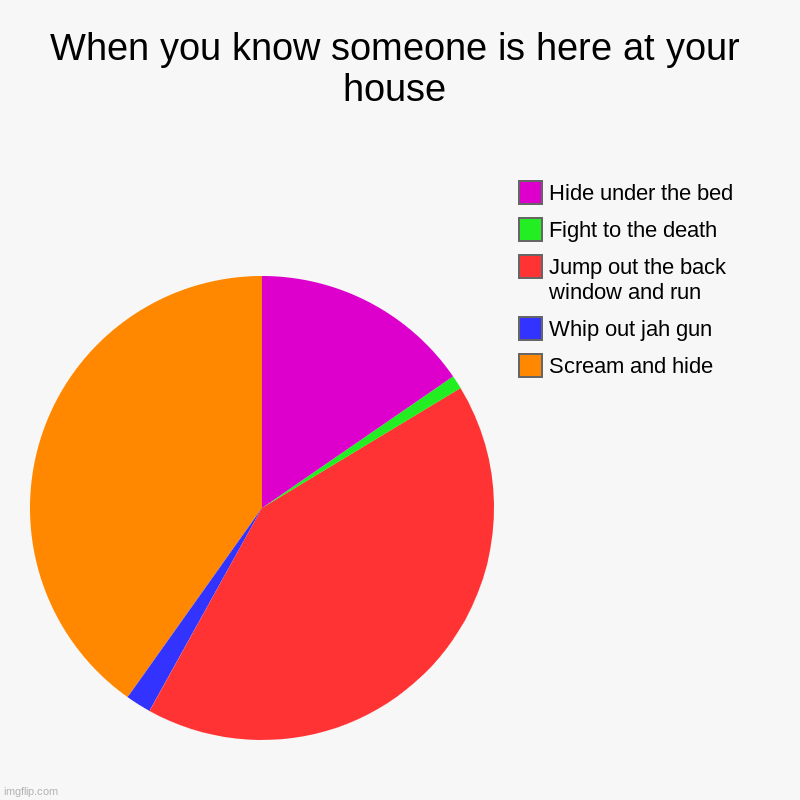 I think this is true | When you know someone is here at your house | Scream and hide, Whip out jah gun, Jump out the back window and run, Fight to the death, Hide  | image tagged in charts,pie charts | made w/ Imgflip chart maker