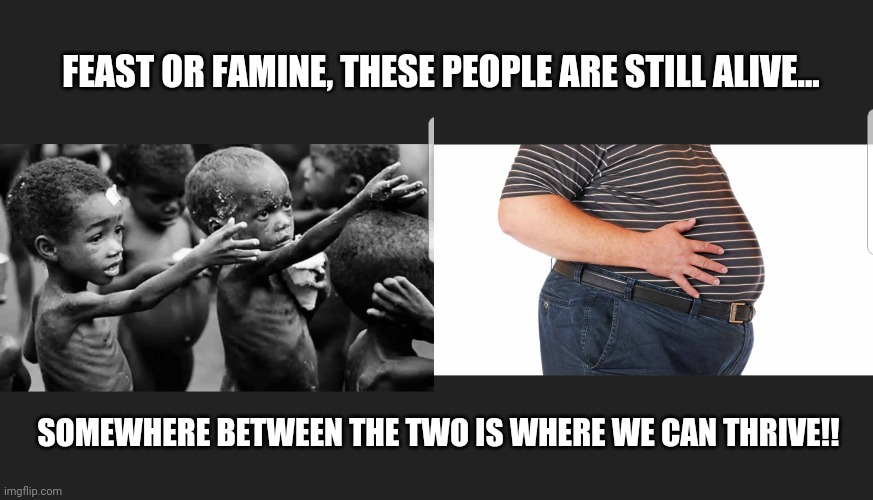 Feast to Famine - humans are survivors | FEAST OR FAMINE, THESE PEOPLE ARE STILL ALIVE... SOMEWHERE BETWEEN THE TWO IS WHERE WE CAN THRIVE!! | image tagged in feast or famine,on the edge of life but still alive | made w/ Imgflip meme maker