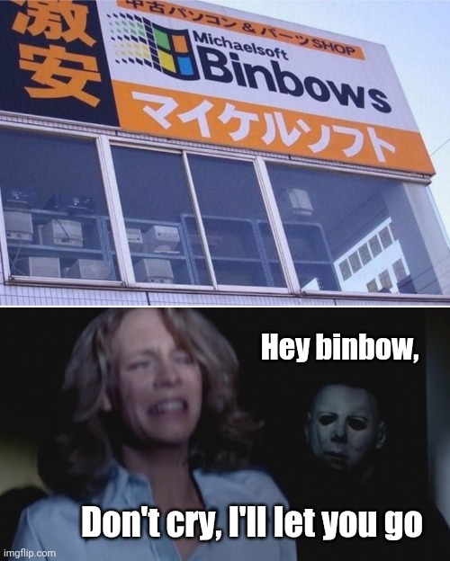 Ol' softy | Hey binbow, Don't cry, I'll let you go | image tagged in microsoft,michael myers,funny,chinese,copy | made w/ Imgflip meme maker
