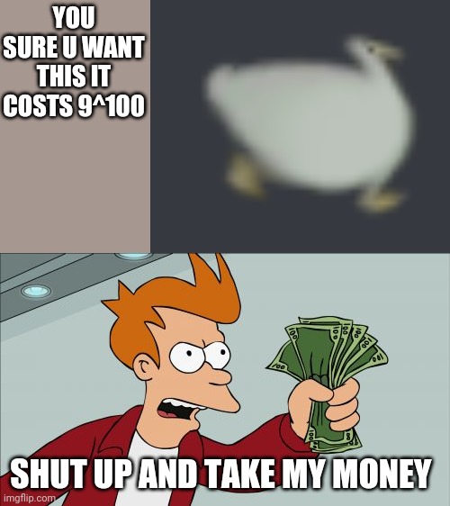 Shut Up And Take My Money Fry Meme | YOU SURE U WANT THIS IT COSTS 9^100; SHUT UP AND TAKE MY MONEY | image tagged in memes,shut up and take my money fry | made w/ Imgflip meme maker