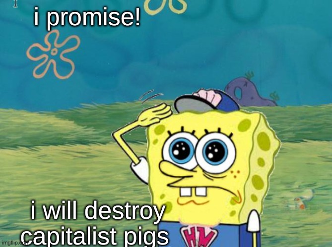 Spongebob salute | i promise! i will destroy capitalist pigs | image tagged in spongebob salute | made w/ Imgflip meme maker