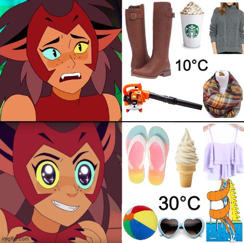 Can it just be summer again? |  10°C; 30°C | image tagged in yes no,catra,summer | made w/ Imgflip meme maker