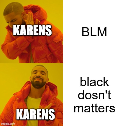 Drake Hotline Bling | BLM; KARENS; black dosn't matters; KARENS | image tagged in memes,drake hotline bling,karens | made w/ Imgflip meme maker