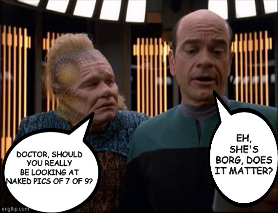 Pervert EMH | EH, SHE'S BORG, DOES IT MATTER? DOCTOR, SHOULD YOU REALLY BE LOOKING AT NAKED PICS OF 7 OF 9? | image tagged in neelix and emh star trek voyager | made w/ Imgflip meme maker