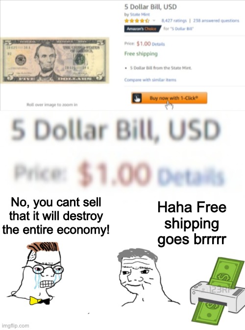No, you cant sell that it will destroy the entire economy! Haha Free shipping goes brrrrr | image tagged in haha money printer go brrr | made w/ Imgflip meme maker