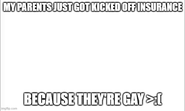 this is so unfair. One of them has to travel 5 hours to another state to get the marriage certificate | MY PARENTS JUST GOT KICKED OFF INSURANCE; BECAUSE THEY'RE GAY >:( | image tagged in white background | made w/ Imgflip meme maker