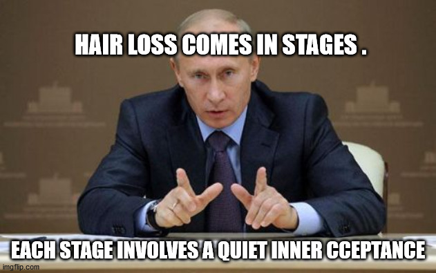 Vladimir Putin | HAIR LOSS COMES IN STAGES . EACH STAGE INVOLVES A QUIET INNER CCEPTANCE | image tagged in memes,vladimir putin | made w/ Imgflip meme maker