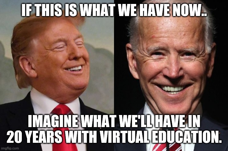 Trump and Biden | IF THIS IS WHAT WE HAVE NOW.. IMAGINE WHAT WE'LL HAVE IN 20 YEARS WITH VIRTUAL EDUCATION. | image tagged in trump and biden | made w/ Imgflip meme maker