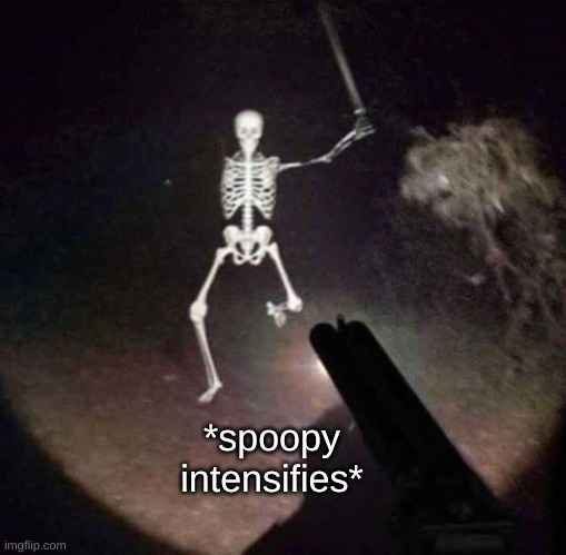 skeleton running at you with sword | *spoopy intensifies* | image tagged in skeleton running at you with sword | made w/ Imgflip meme maker