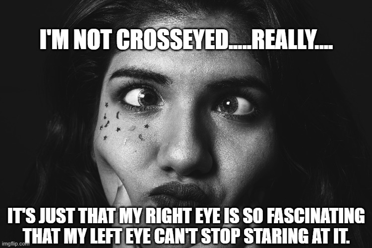 I can see her point....kinda drawn to it myself. |  I'M NOT CROSSEYED.....REALLY.... IT'S JUST THAT MY RIGHT EYE IS SO FASCINATING
THAT MY LEFT EYE CAN'T STOP STARING AT IT. | image tagged in memes,funny memes,lol so funny,crazy eyes,sewmyeyesshut,imgflip humor | made w/ Imgflip meme maker