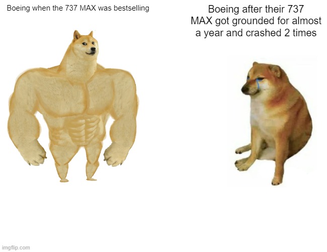 Buff Doge vs. Cheems Meme | Boeing when the 737 MAX was bestselling; Boeing after their 737 MAX got grounded for almost a year and crashed 2 times | image tagged in memes,buff doge vs cheems | made w/ Imgflip meme maker