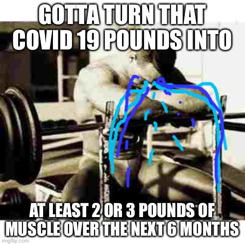 Sad Bodybuilder | GOTTA TURN THAT COVID 19 POUNDS INTO; AT LEAST 2 OR 3 POUNDS OF MUSCLE OVER THE NEXT 6 MONTHS | image tagged in sad bodybuilder,new normal | made w/ Imgflip meme maker