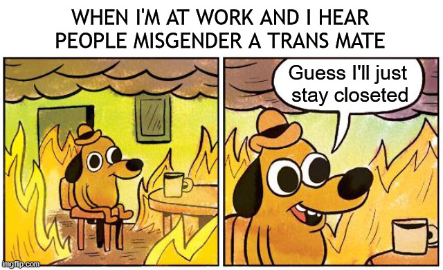 Guess I'll just stay closeted :( | WHEN I'M AT WORK AND I HEAR PEOPLE MISGENDER A TRANS MATE; Guess I'll just 
stay closeted | image tagged in this is fine blank | made w/ Imgflip meme maker