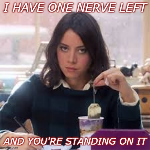 moememes | I HAVE ONE NERVE LEFT; AND YOU'RE STANDING ON IT | image tagged in moememes,aubreyplaza,resting bitch face,stressed,fedup,tired | made w/ Imgflip meme maker