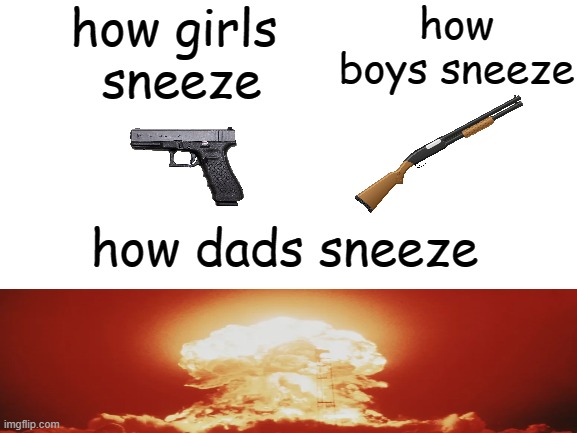 Blank White Template | how boys sneeze how girls 
sneeze how dads sneeze | image tagged in blank white template | made w/ Imgflip meme maker