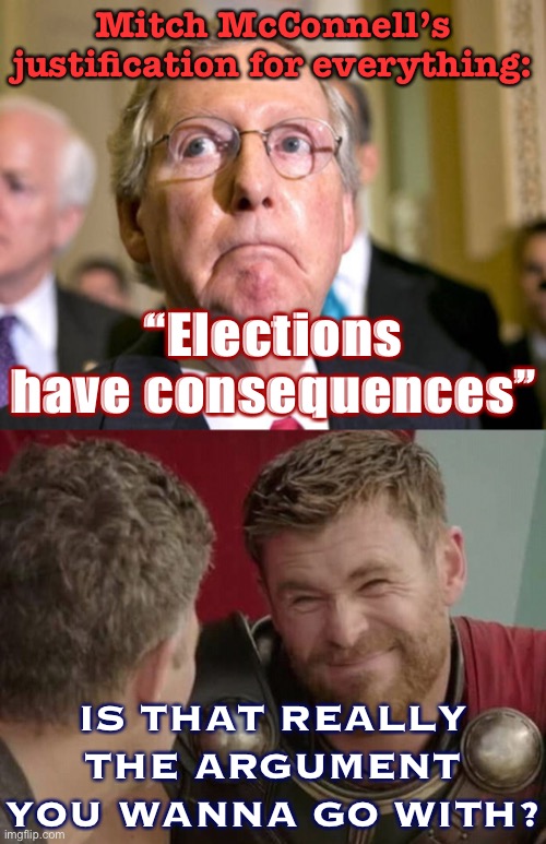Famous last words sir | Mitch McConnell’s justification for everything:; “Elections have consequences”; IS THAT REALLY THE ARGUMENT YOU WANNA GO WITH? | image tagged in mitch mcconnell,should it though,election 2020,2020 elections,elections,consequences | made w/ Imgflip meme maker