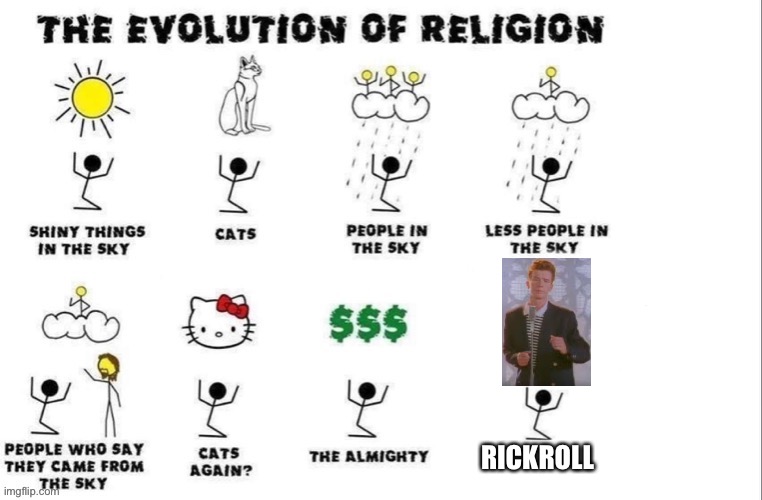 Rickroll never dies! |  RICKROLL | image tagged in the evolution of religion,rickroll,memes | made w/ Imgflip meme maker