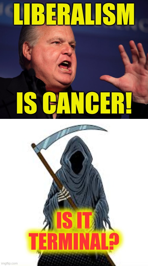 rush needs to look in the mirror | LIBERALISM; IS CANCER! IS IT TERMINAL? | image tagged in rush limbaugh angry,cancer,liberalism,obamacare,grim reaper | made w/ Imgflip meme maker