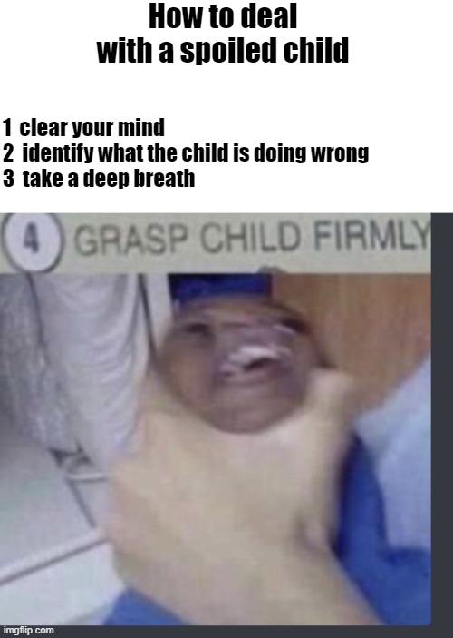 How to deal with a spoiled child | How to deal with a spoiled child; 1  clear your mind
2  identify what the child is doing wrong
3  take a deep breath | image tagged in grasp child firmly,memes,spoiled brat,yeet the child | made w/ Imgflip meme maker