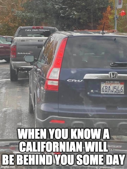 Californians | WHEN YOU KNOW A CALIFORNIAN WILL BE BEHIND YOU SOME DAY | image tagged in californians | made w/ Imgflip meme maker