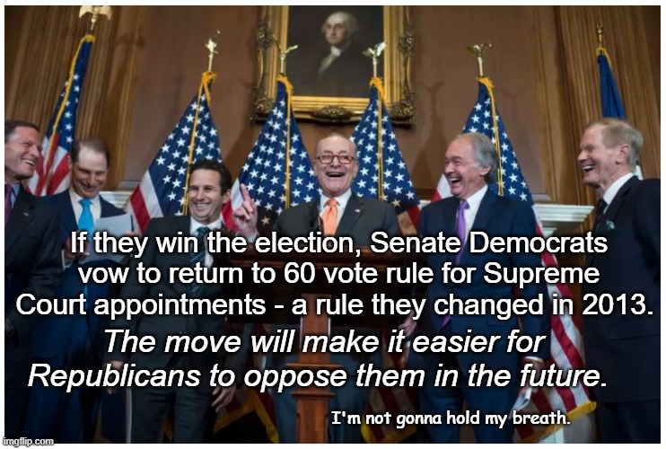 Senate Democrats | If they win the election, Senate Democrats vow to return to 60 vote rule for Supreme Court appointments - a rule they changed in 2013. The move will make it easier for Republicans to oppose them in the future. I'm not gonna hold my breath. | image tagged in senate democrats,60 vote rule,supreme court,us congress | made w/ Imgflip meme maker