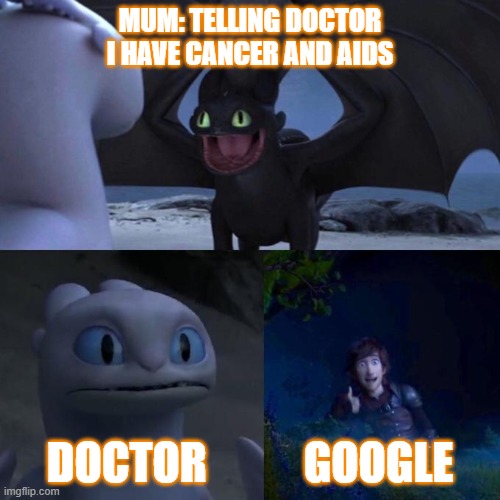 It happens | MUM: TELLING DOCTOR I HAVE CANCER AND AIDS; DOCTOR           GOOGLE | image tagged in toothless presents himself | made w/ Imgflip meme maker