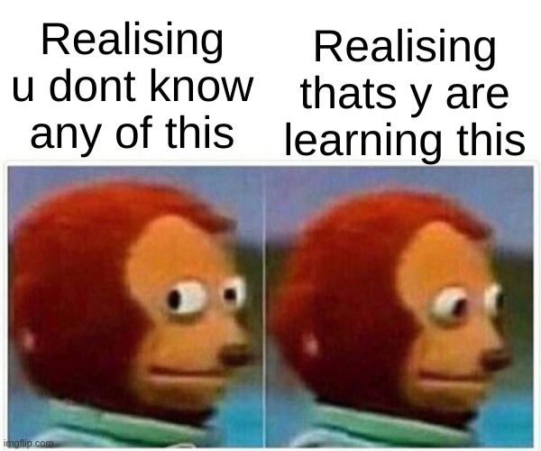 Monkey Puppet Meme | Realising thats y are learning this; Realising u dont know any of this | image tagged in memes,monkey puppet | made w/ Imgflip meme maker