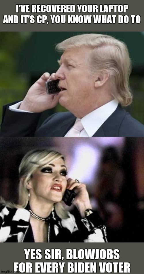 I'VE RECOVERED YOUR LAPTOP AND IT'S CP, YOU KNOW WHAT DO TO YES SIR, BLOWJOBS FOR EVERY BIDEN VOTER | image tagged in madonna,trump phone | made w/ Imgflip meme maker