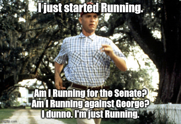 Ban Fracking or not?
Just Running... in Flip-Flops. | I just started Running. Am I Running for the Senate?
Am I Running against George?
I dunno. I'm just Running. | image tagged in forest gump running | made w/ Imgflip meme maker