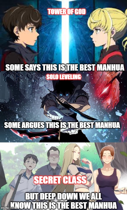 Best Manhua | TOWER OF GOD; SOME SAYS THIS IS THE BEST MANHUA; SOLO LEVELING; SOME ARGUES THIS IS THE BEST MANHUA; SECRET CLASS; BUT DEEP DOWN WE ALL KNOW THIS IS THE BEST MANHUA | image tagged in manhua,tower of god,solo leveling,manhua hentai,best manhua | made w/ Imgflip meme maker