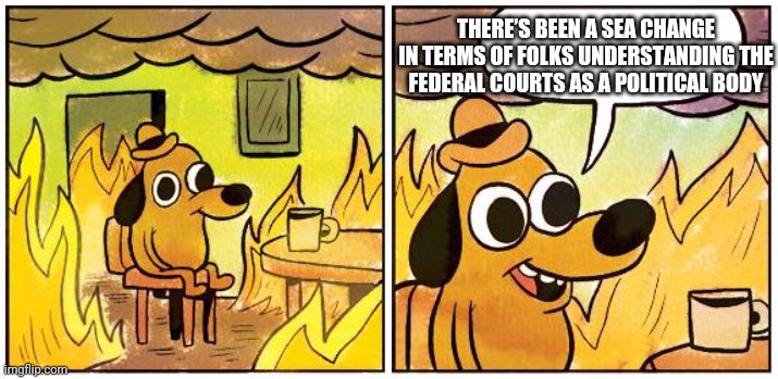 Supreme Court | THERE’S BEEN A SEA CHANGE
IN TERMS OF FOLKS UNDERSTANDING THE
FEDERAL COURTS AS A POLITICAL BODY | image tagged in this is fine blank | made w/ Imgflip meme maker