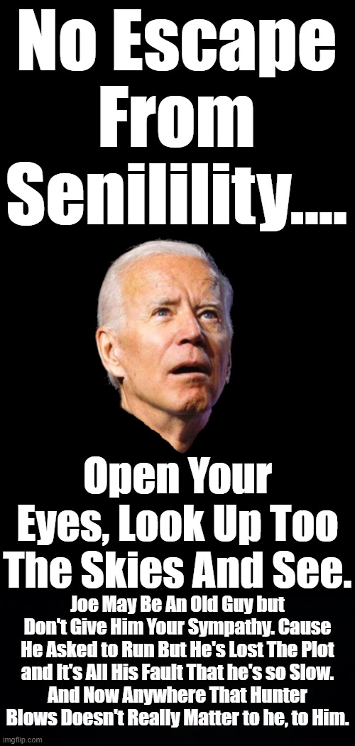 There Is No Escape from Reality for Democrats.Their Guy Has Lost His Marbles.This is the Joe Biden Version of Bohemian Rhapsody. | No Escape From Senilility.... Open Your Eyes, Look Up Too The Skies And See. Joe May Be An Old Guy but Don't Give Him Your Sympathy. Cause He Asked to Run But He's Lost The Plot and It's All His Fault That he's so Slow.
And Now Anywhere That Hunter Blows Doesn't Really Matter to he, to Him. | image tagged in biden senility,doesnt know oppositions name,sad but true,bohemian rhapsody | made w/ Imgflip meme maker
