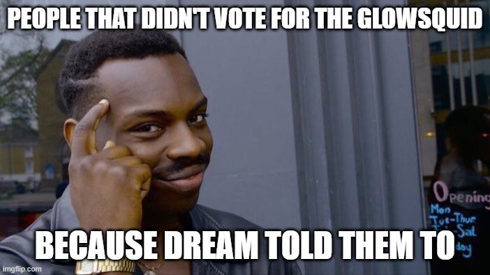 Roll Safe Think About It | PEOPLE THAT DIDN'T VOTE FOR THE GLOWSQUID; BECAUSE DREAM TOLD THEM TO | image tagged in memes,roll safe think about it | made w/ Imgflip meme maker