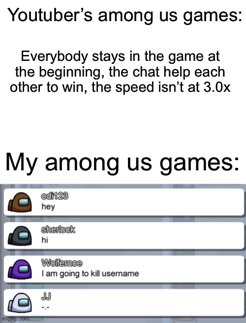 Why me? | Youtuber’s among us games:; Everybody stays in the game at the beginning, the chat help each other to win, the speed isn’t at 3.0x; My among us games: | image tagged in blank white template,memes,among us | made w/ Imgflip meme maker