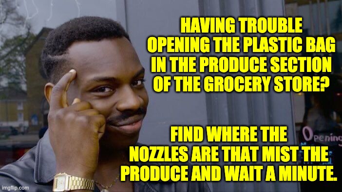 Produce section | HAVING TROUBLE OPENING THE PLASTIC BAG IN THE PRODUCE SECTION OF THE GROCERY STORE? FIND WHERE THE NOZZLES ARE THAT MIST THE PRODUCE AND WAIT A MINUTE. | image tagged in memes,roll safe think about it | made w/ Imgflip meme maker