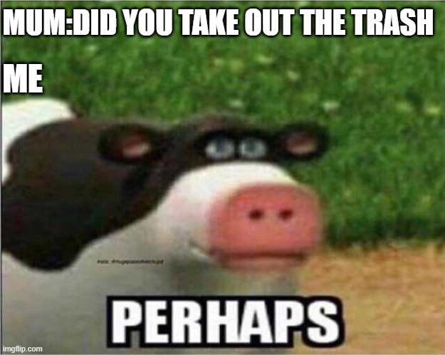 take out the trash | ME; MUM:DID YOU TAKE OUT THE TRASH | image tagged in perhaps cow | made w/ Imgflip meme maker