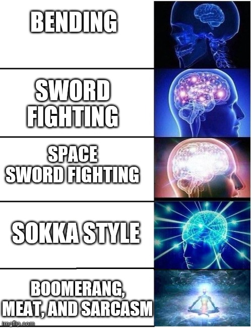 Expanding Brain 5 Panel | BENDING SWORD FIGHTING SPACE SWORD FIGHTING SOKKA STYLE BOOMERANG, MEAT, AND SARCASM | image tagged in expanding brain 5 panel | made w/ Imgflip meme maker