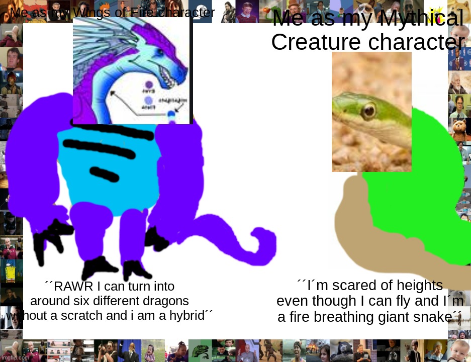 tRuE tHo... .,. |  Me as my Wings of Fire character; Me as my Mythical Creature character; ´´RAWR I can turn into around six different dragons without a scratch and i am a hybrid´´; ´´I´m scared of heights even though I can fly and I´m a fire breathing giant snake´´ | image tagged in memes,buff doge vs cheems | made w/ Imgflip meme maker