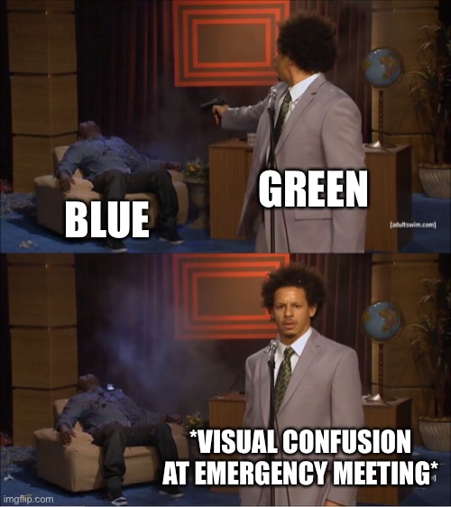 Well | GREEN; BLUE; *VISUAL CONFUSION AT EMERGENCY MEETING* | image tagged in memes,who killed hannibal | made w/ Imgflip meme maker