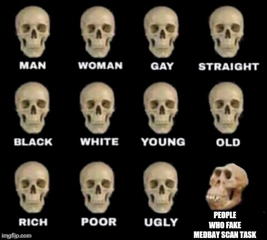 idiot skull | PEOPLE WHO FAKE MEDBAY SCAN TASK | image tagged in idiot skull,among us | made w/ Imgflip meme maker