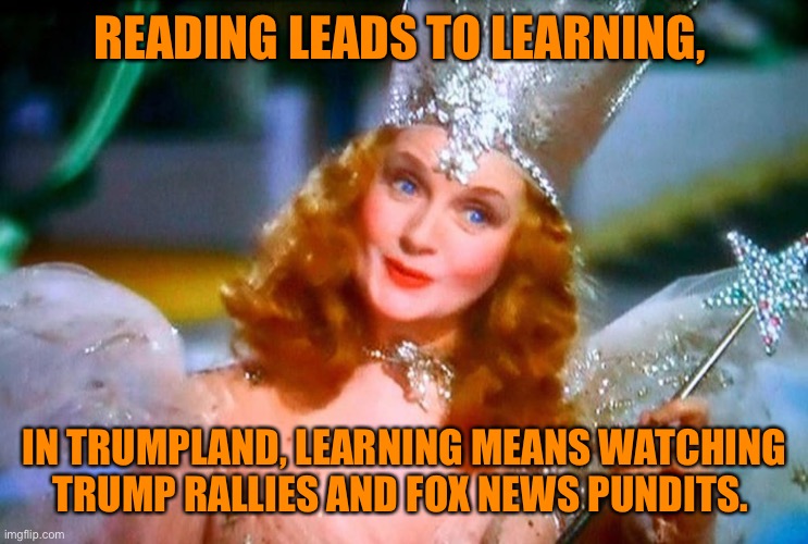 Expanding ones horizons | READING LEADS TO LEARNING, IN TRUMPLAND, LEARNING MEANS WATCHING TRUMP RALLIES AND FOX NEWS PUNDITS. | image tagged in donald trump,trump supporter,orange,reading,funny,learning | made w/ Imgflip meme maker