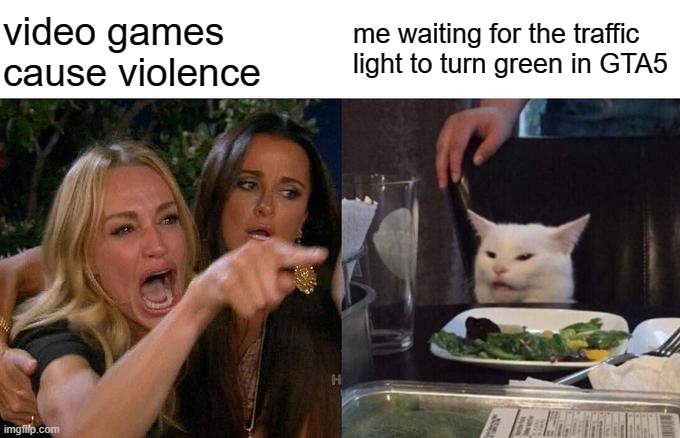 Woman Yelling At Cat | me waiting for the traffic light to turn green in GTA5; video games cause violence | image tagged in memes,woman yelling at cat,video games,violence | made w/ Imgflip meme maker